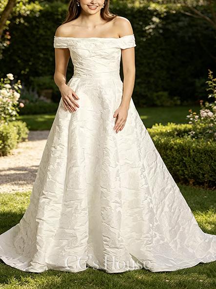 Noble Off-the-Shoulder Jacquard Ball Gown Wedding Dress