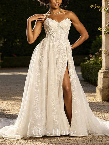 Shimmering Strapless Beaded Lace Basque Waist Wedding Dress