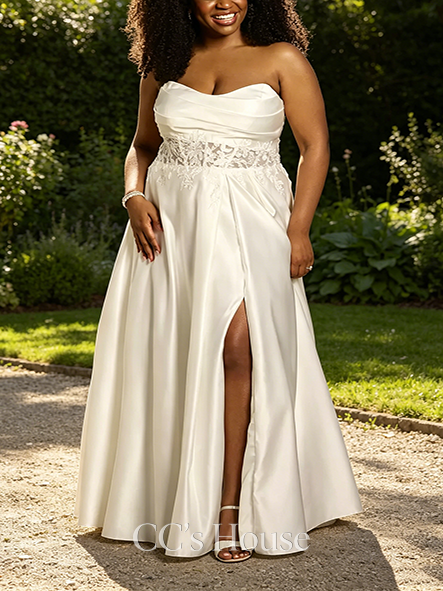 Timeless Satin and Lace Applique Strapless Ball Gown