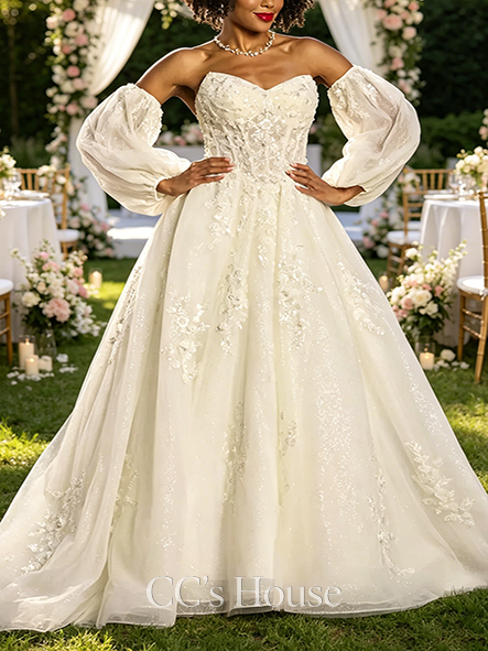 Dainty Beaded Tulle Wedding Dress with Detachable Sleeves