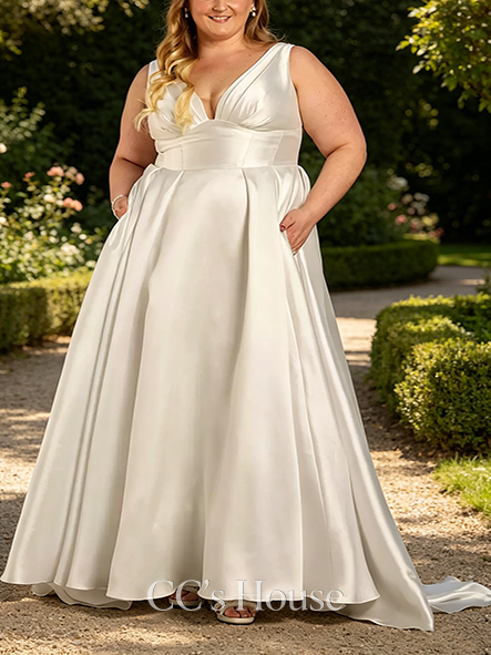 Modern Mikado Tank Plunging Ball Gown Wedding Dress