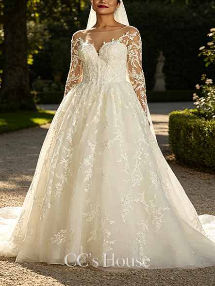 Sheer Lace Appliqued Illusion Long Sleeve Wedding Dress