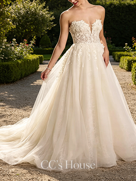 Vivid 3D Floral Plunging Strapless Tulle Ball Gown