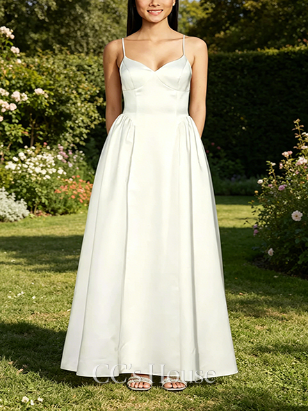 Light Satin Spaghetti Strap Ball Gown Wedding Dress