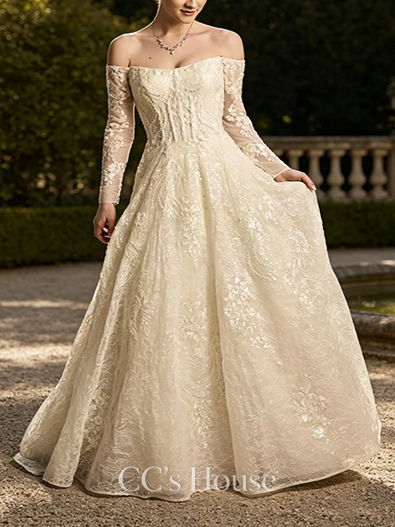 Pearl-Embellished Off-the-Shoulder Pearl Beaded Lace Wedding Dress