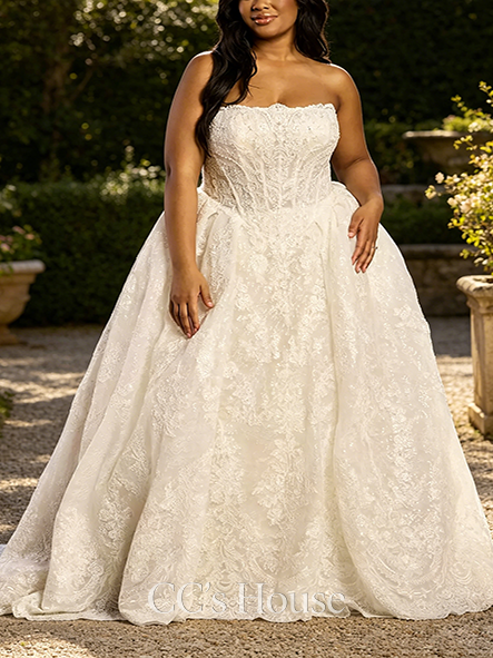 Bright Strapless Beaded Lace Ball Gown