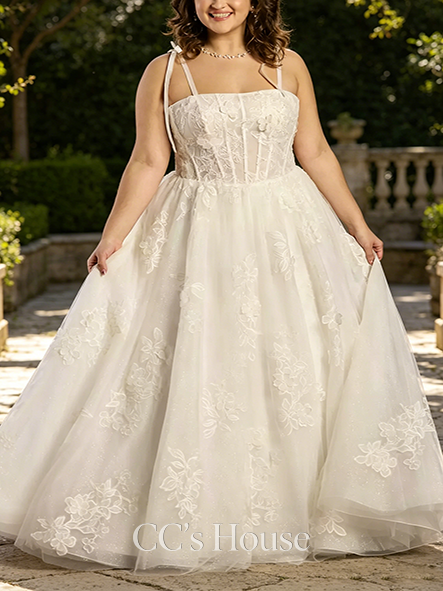 Bohemian Tie Strap Ball Gown with Beaded Lace Appliques