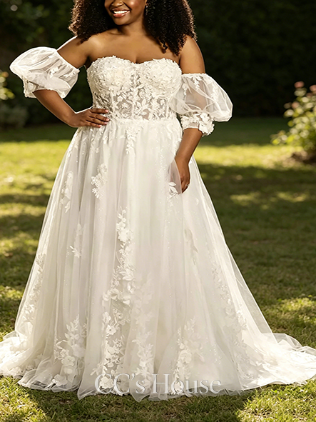 Whimsical Tulle and Lace Applique Ball Gown with Puff Sleeve