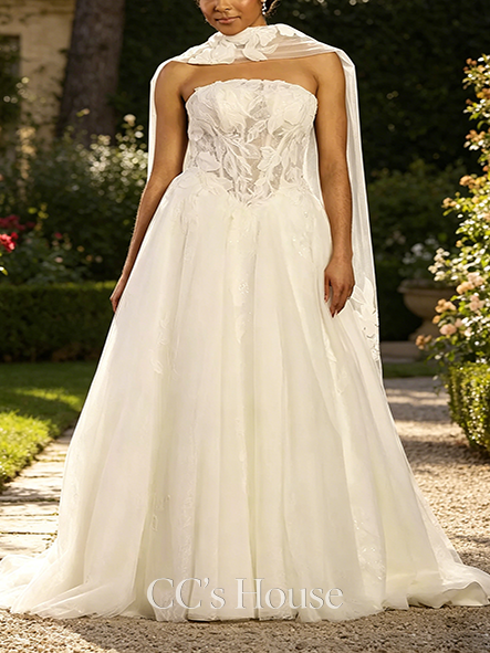 Elegant Lace Ball Gown with Matching Appliqued Scarf