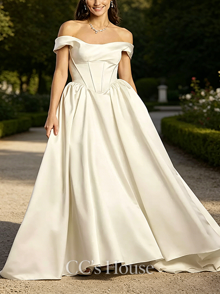 Refined Satin Off-the-Shoulder Basque Waist Ball Gown