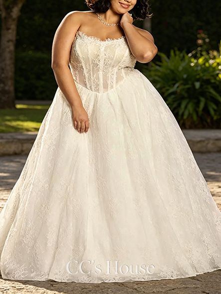 Full-Lace Strapless Allover Lace Basque Waist Ball Gown