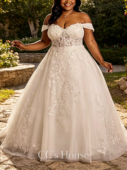 Romantic Lace Applique Ball Gown with Swag Sleeves