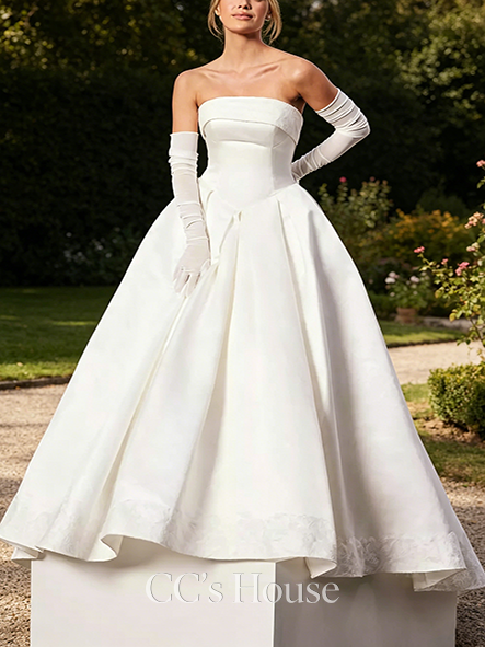 Graceful Satin Basque Waist Ball Gown with Lace Hem