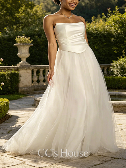 Hybrid Strapless Satin and Tulle Ball Gown Wedding Dress