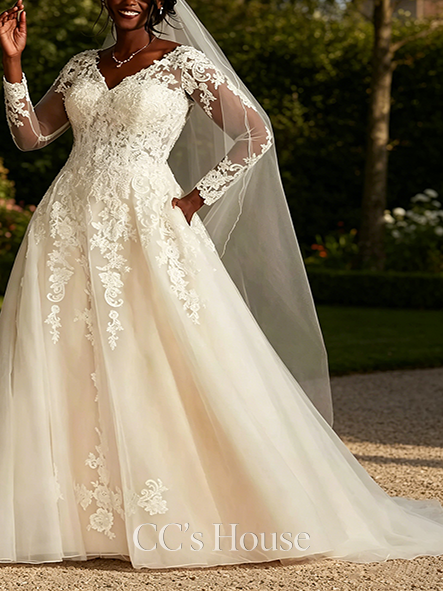 Modest Lace and Tulle Long Sleeve Ball Gown Wedding Dress