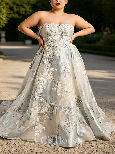 Royal Brocade Strapless Ball Gown Wedding Dress