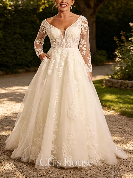 Dreamy Plunging Long Sleeve Tulle Ball Gown Wedding Dress
