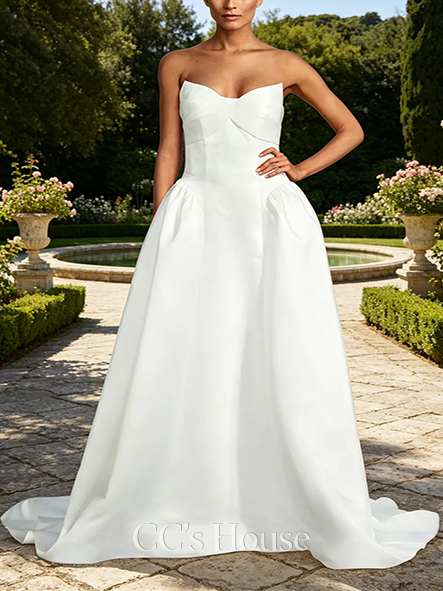 Sharp-Cut Strapless Pointed Sweetheart Satin Ball Gown
