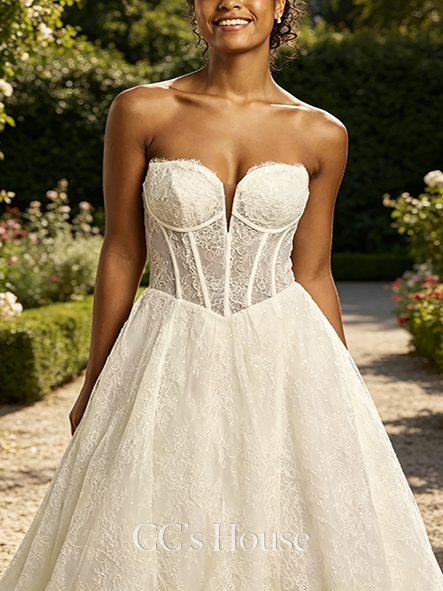 Fitted Allover Lace Basque Waist Corset Ball Gown