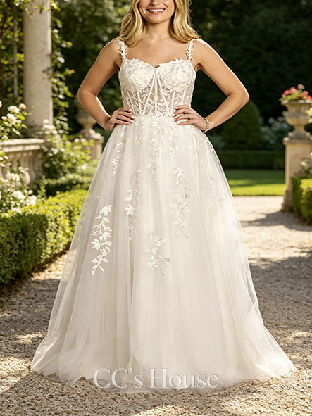 Delicate Lace Applique and Tulle Illusion Corset Ball Gown