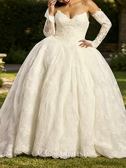 Soft Off-the-Shoulder Long Sleeve Lace Ball Gown