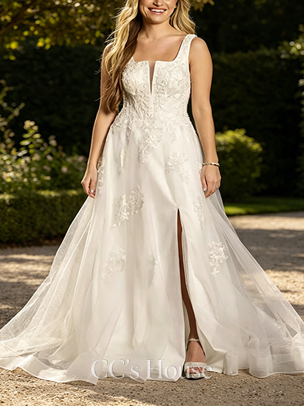 Neat Square Neck Tulle and Lace Ball Gown Wedding Dress