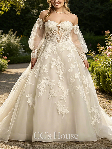 Loose Tulle Billow Sleeve Ball Gown with Lace Appliques