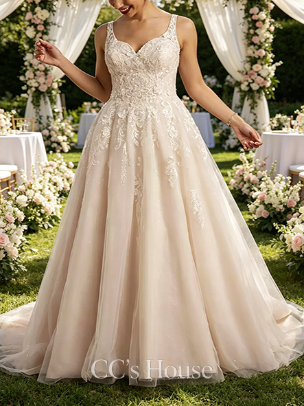 Casual Elegance Lace Applique Tank Ball Gown Wedding Dress