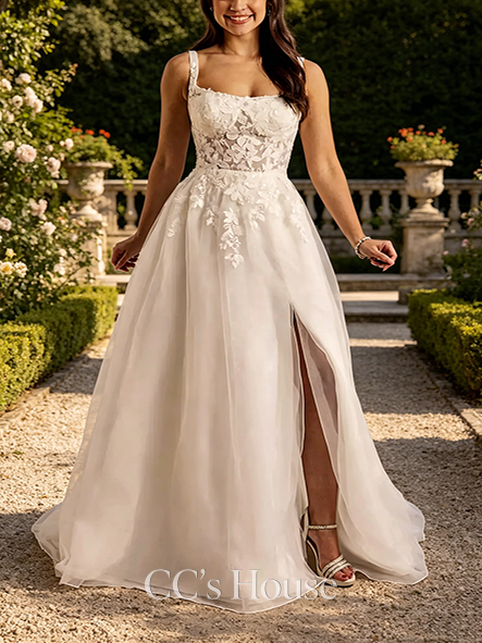 Elegant Illusion Bodice Square Neck Wedding Dress