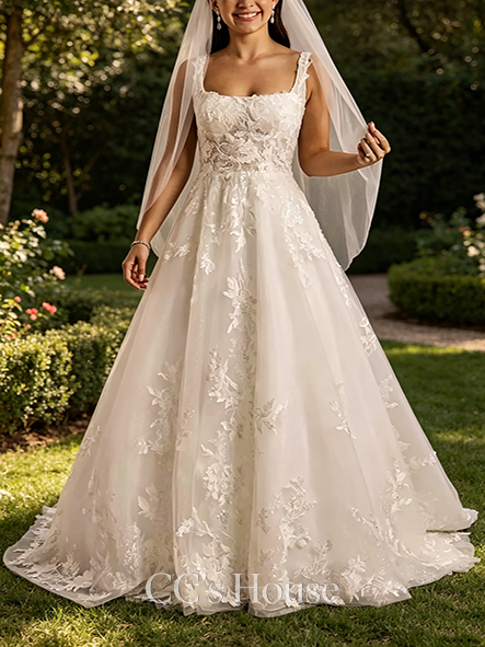 Slim Lace Applique Tank Strap Ball Gown