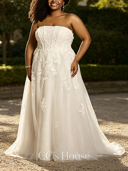Floral-Decorated Strapless Tulle Ball Gown with 3D Flower Appliques