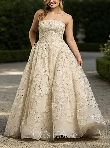Handcrafted Floral Embroidered Strapless Tulle Ball Gown