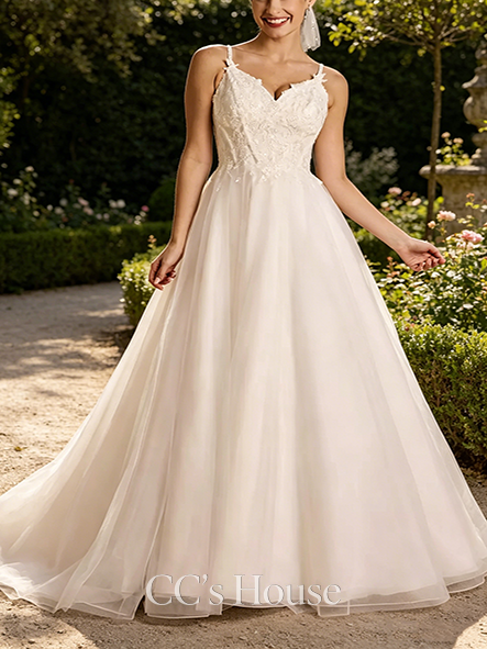 Thin-Strap Spaghetti Strap Lace Applique Ball Gown