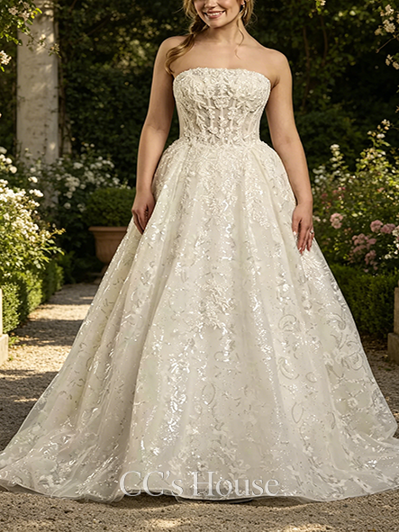 Ornate Strapless Tulle Ball Gown with Lace Appliques