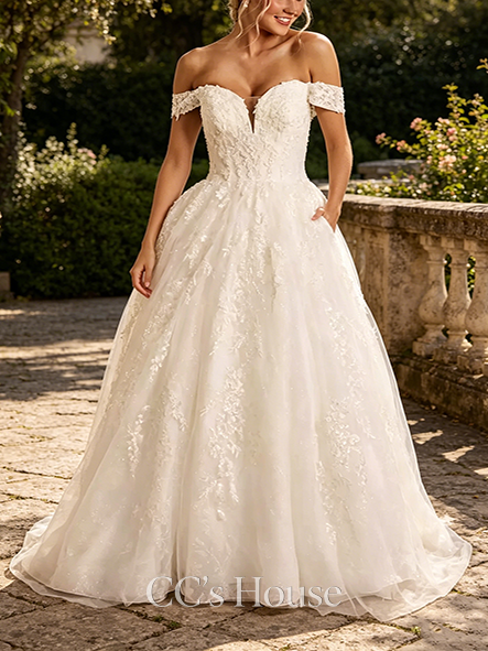 Airy Off-the-Shoulder Tulle Ball Gown Wedding Dress