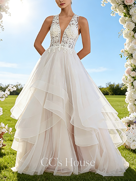 V-Neck A-Line Bridal Gown - Sweep Train Tulle Lace Wedding Dress Embellished with Sequins