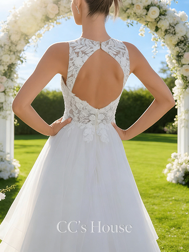 V-Neck A-Line Bridal Gown - Sweep Train Tulle Lace Wedding Dress Embellished with Sequins