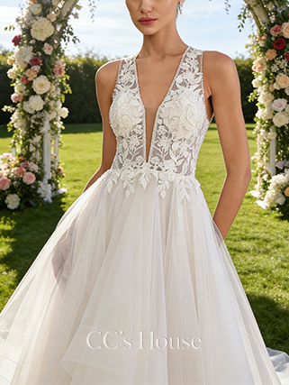 V-Neck A-Line Bridal Gown - Sweep Train Tulle Lace Wedding Dress Embellished with Sequins