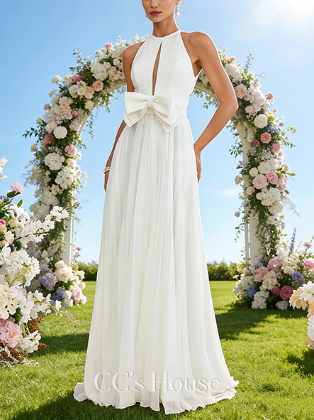 Halter A-Line Bridal Gown - Sweep Train Chiffon Wedding Dress with Bow and Pleated Accents