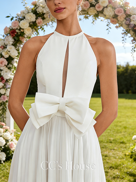Halter A-Line Bridal Gown - Sweep Train Chiffon Wedding Dress with Bow and Pleated Accents
