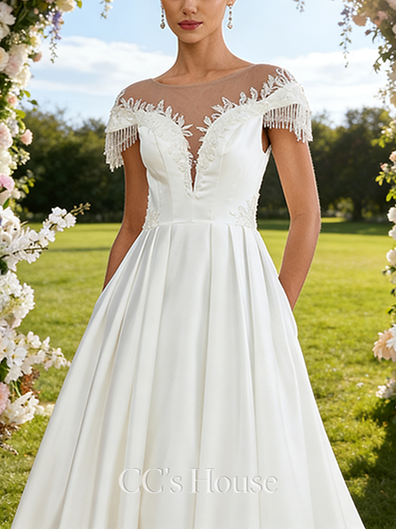 Scoop Illusion A-Line Bridal Gown - Chapel Train Lace Satin Wedding Dress with Beading and Sequins