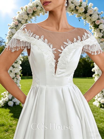 Scoop Illusion A-Line Bridal Gown - Chapel Train Lace Satin Wedding Dress with Beading and Sequins