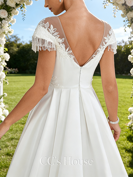 Scoop Illusion A-Line Bridal Gown - Chapel Train Lace Satin Wedding Dress with Beading and Sequins