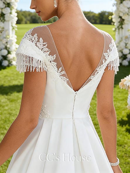 Scoop Illusion A-Line Bridal Gown - Chapel Train Lace Satin Wedding Dress with Beading and Sequins