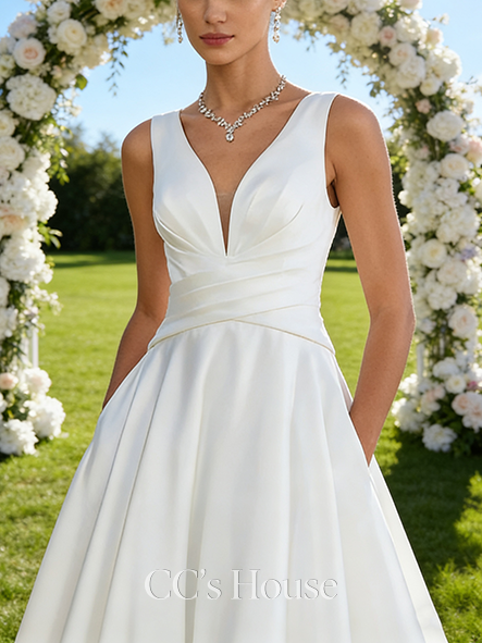 V-Neck A-Line Satin Bridal Gown with Sweep Train