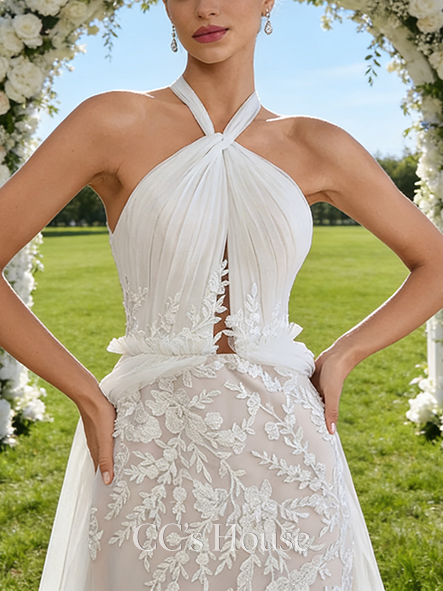 Halter A-Line Bridal Gown - Court Train Lace Tulle Wedding Dress with Delicate Beading