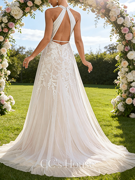 Halter A-Line Bridal Gown - Court Train Lace Tulle Wedding Dress with Delicate Beading