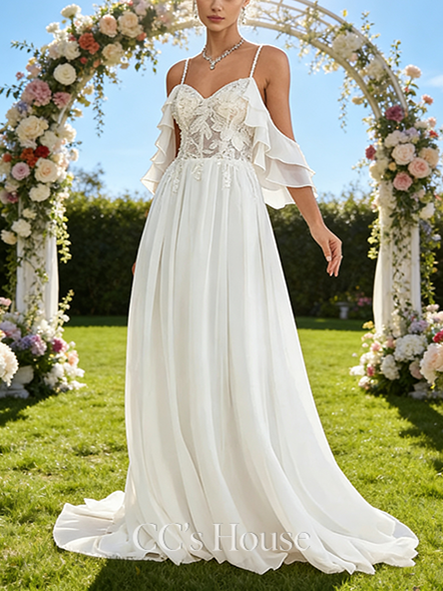 Cold Shoulder Sweetheart A-Line Bridal Gown - Court Train Chiffon Lace Wedding Dress with Ruffle, Beading and Sequins