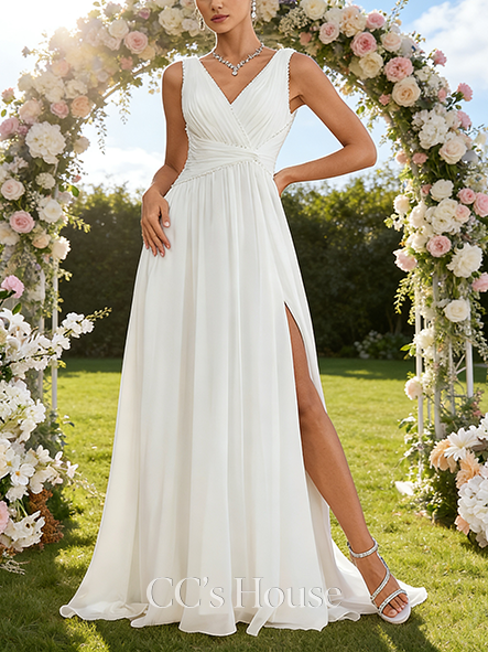 V-Neck A-Line Bridal Gown - Sweep Train Chiffon Wedding Dress with Pleated Details and Sparkling Sequins