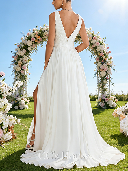 V-Neck A-Line Bridal Gown - Sweep Train Chiffon Wedding Dress with Pleated Details and Sparkling Sequins